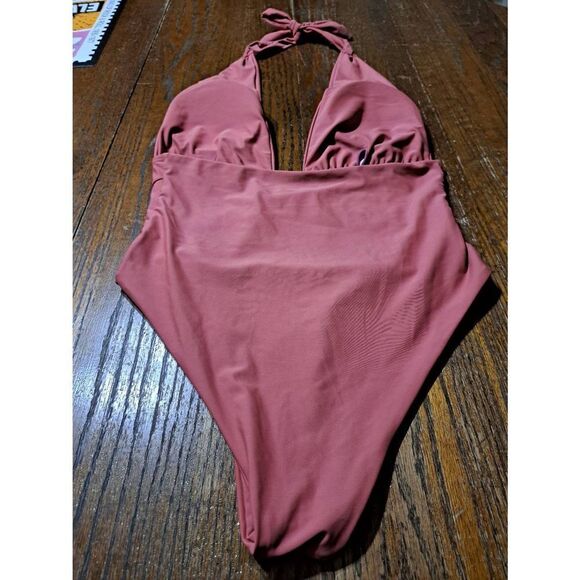 6 Zaful Pink Brick Red Halter Neck Deep Plunge One Piece Swimsuit Bathing Suit - Picture 8 of 10